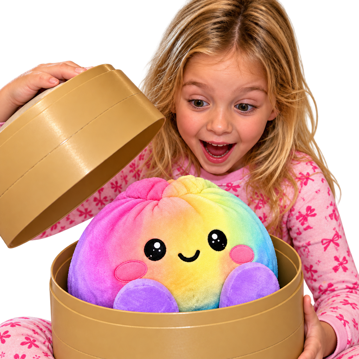 A delighted child opening her rainbow dumpling gift