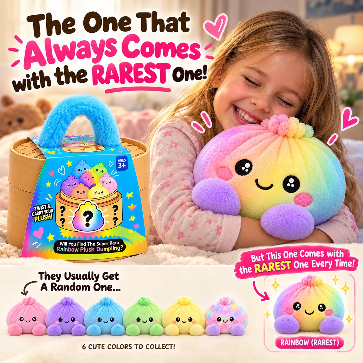 Rainbow plush dumpling hugged by a smiling girl, next to its gift box