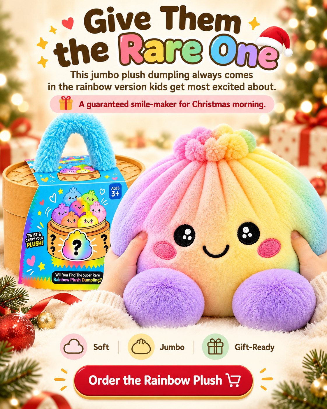 Give them the rare one: jumbo rainbow plush dumpling with its gift box