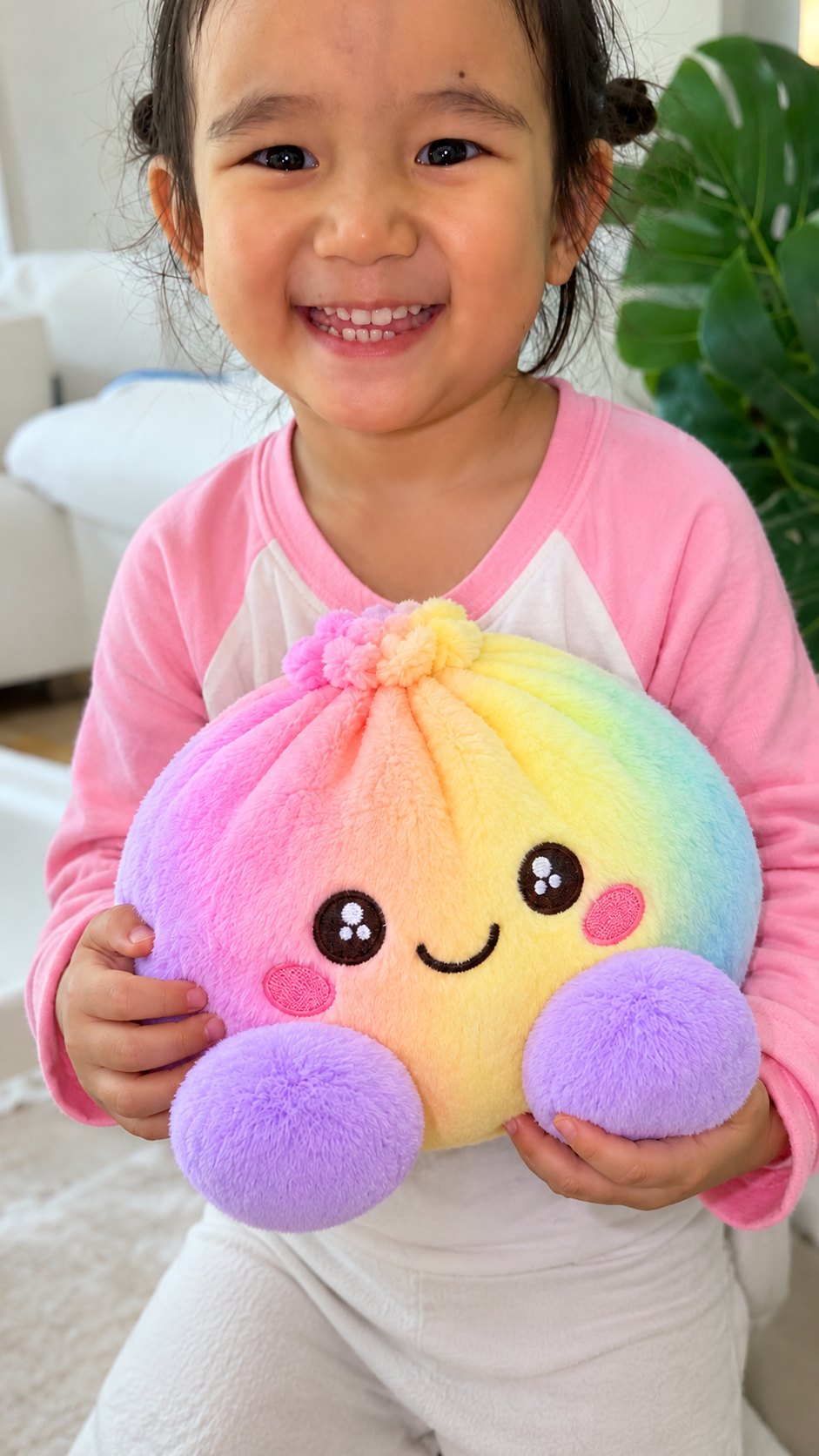 A smiling child holding the rainbow plush dumpling