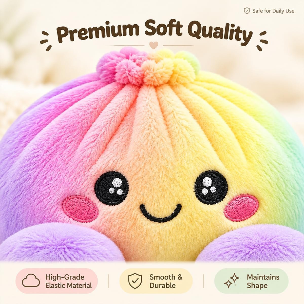 Close-up of the soft rainbow plush dumpling's embroidered smiling face